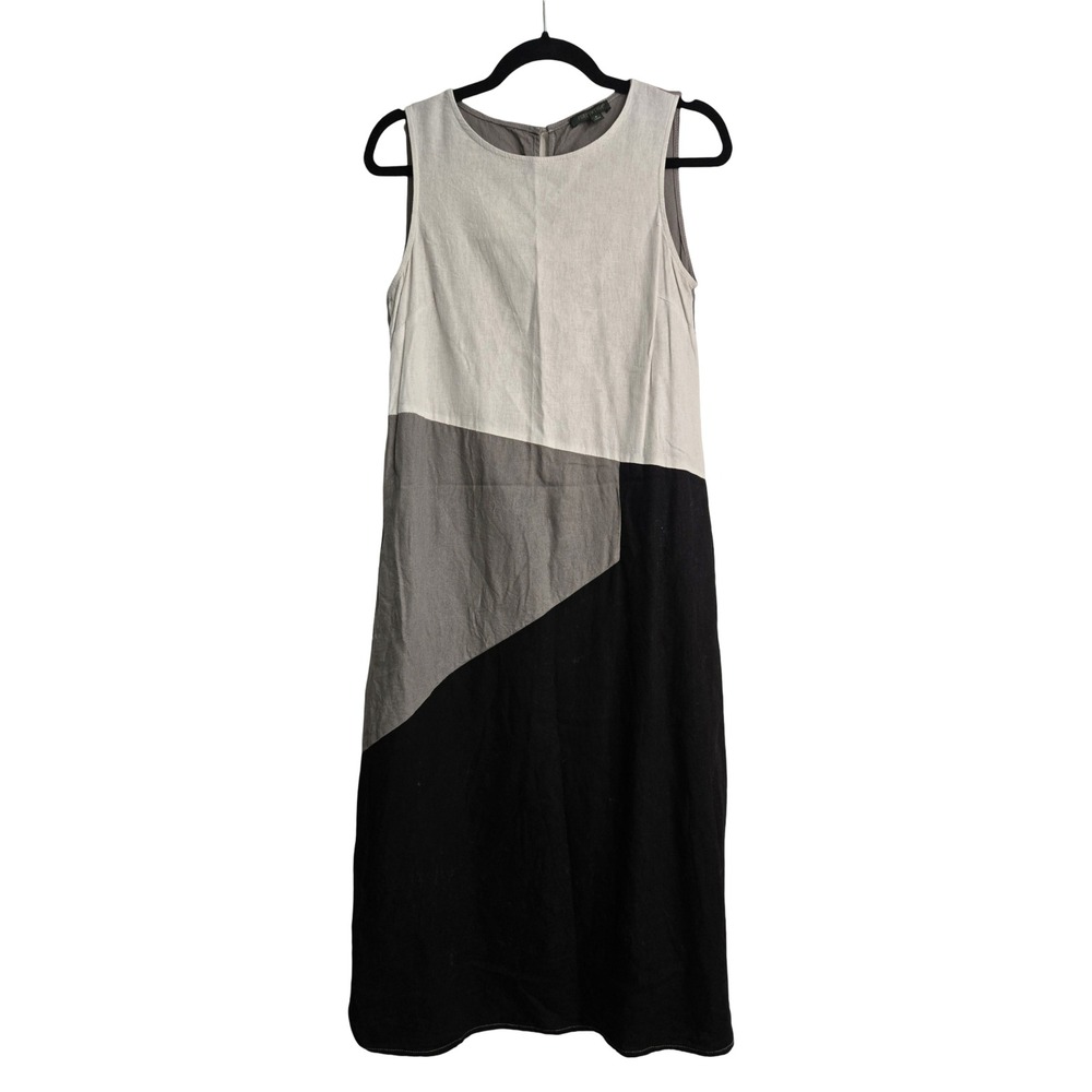 For Cynthia Colorblock Linen Blend Sleeveless Midi Shift Dress Grey Black Small